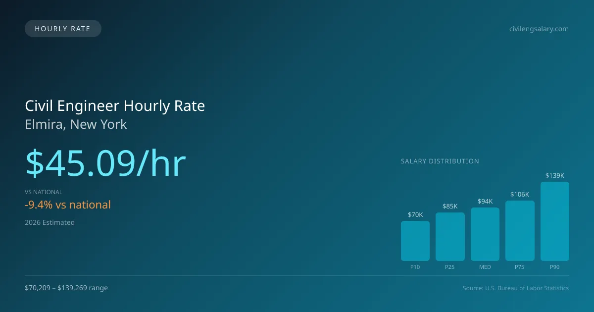 Civil Engineer Hourly Rate in Elmira, NY — 2026 est., based on 2025 BLS